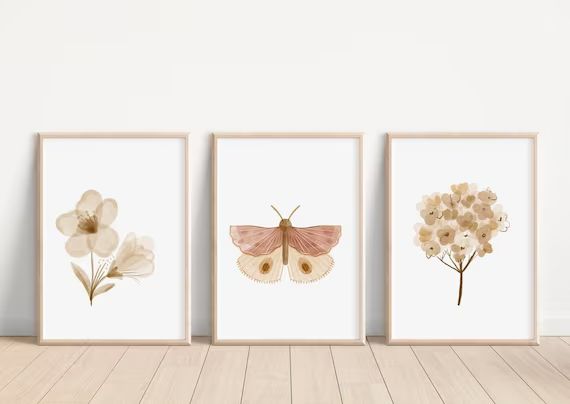 Boho Butterfly Floral Set of 3 Nursery Art Prints Butterfly - Etsy | Etsy (US)