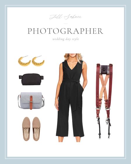 For my photographer friends, what I wear almost ✨every single✨ wedding day! Black jumpsuit, dual camera harness, small camera bag for lenses, Amazon fannypack, Birdies all day shoes