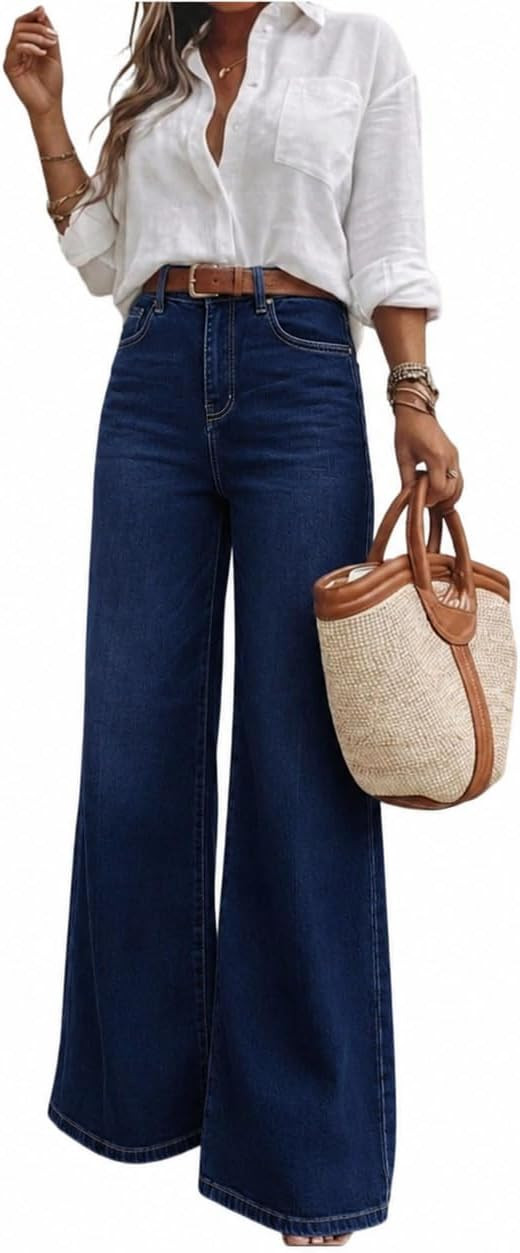 Women's High Waisted Wide Leg Jeans Classic 5-Pocket Dark Wash Long Bootcut Denim Pants for Casual Office Work | Amazon (US)