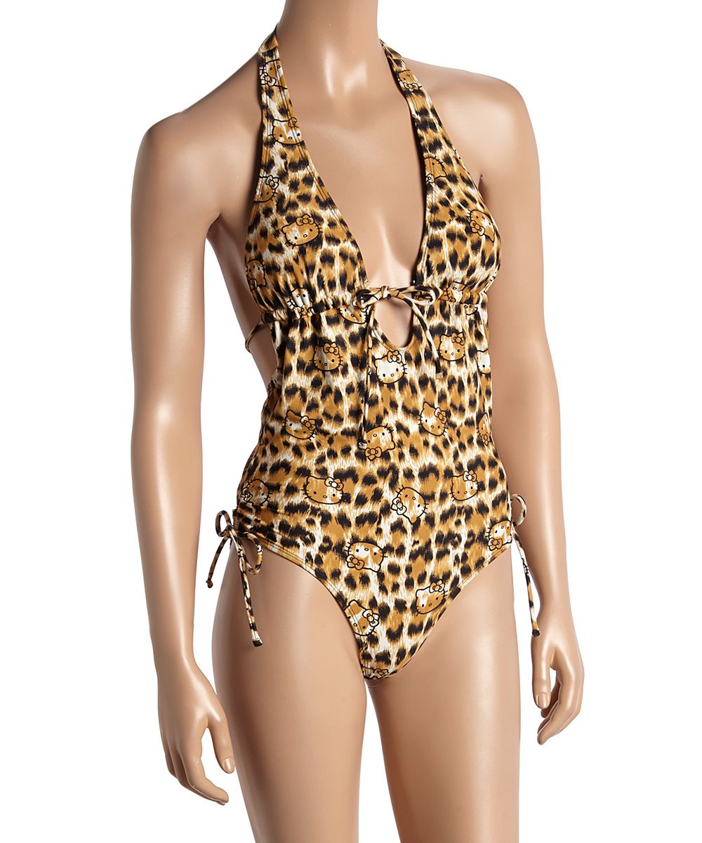 Age Group Ltd. Women's One Piece Swimsuits brown - Hello Kitty Leopard Halter One-Piece - Juniors | Zulily