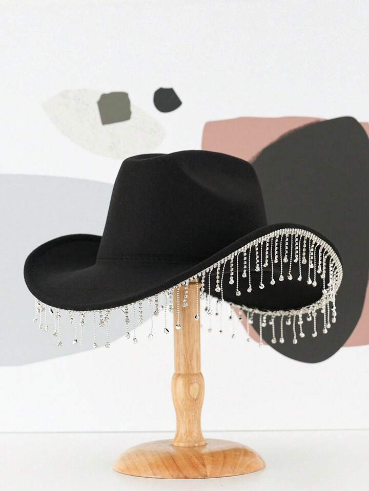 1pc Unisex Solid Color Unique Personality Rhinestone Tassel Decorative Cowboy/Cowgirl Hat, Suitable For Western Theme Party, Engagement Party, Graduation Ceremony, Masquerade Ball, Festival, Wedding, Birthday Celebration, Music Festival, Made Of Polyester | SHEIN