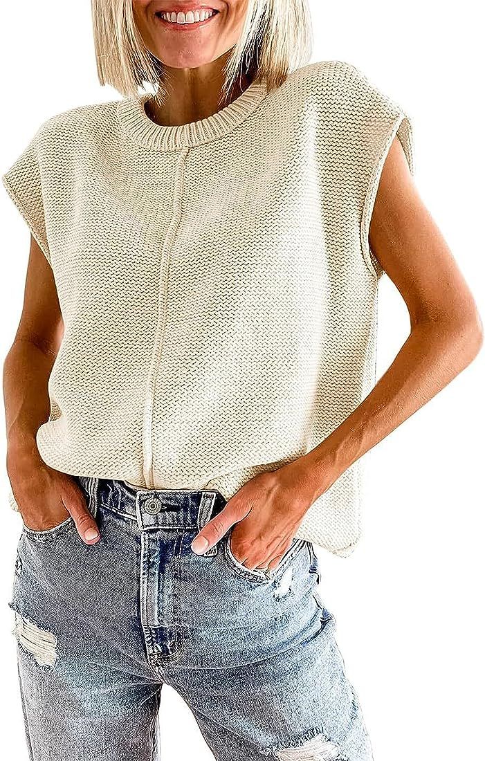 Ameliever Womens Sweater Vest Knit Cap Sleeve Pullover Casual Crew Neck Sweater Tank Tops | Amazon (US)