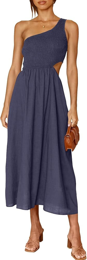 ANRABESS Women's Summer Sleeveless Smocked One Shoulder Cutout Sundress Flowy A-Line Beach Long M... | Amazon (US)