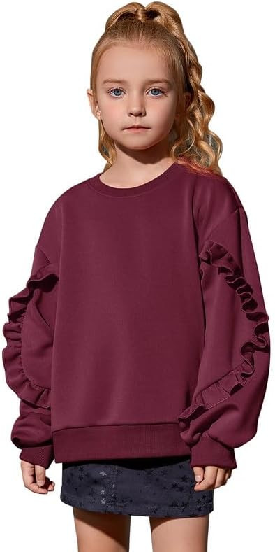 Mirawise Girls Pullover Crewneck Sweatshirt with Ruffle Trim Long Sleeve Cute Oversize Hoodie Sol... | Amazon (US)