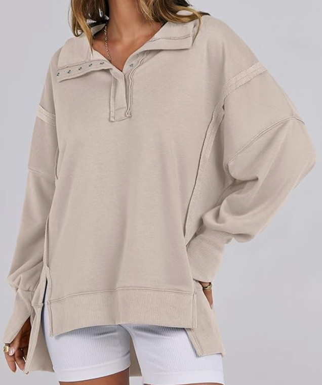 ANRABESS Women's Sweatshirts Oversized Casual Loose Button Up Henley Pullover Top High Low Split 2025 Fall Fashion Outfits womens casual oversized outfit sweatshirt top 

 