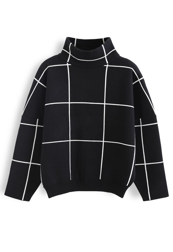 Grid Turtleneck Sweater in Black | Chicwish