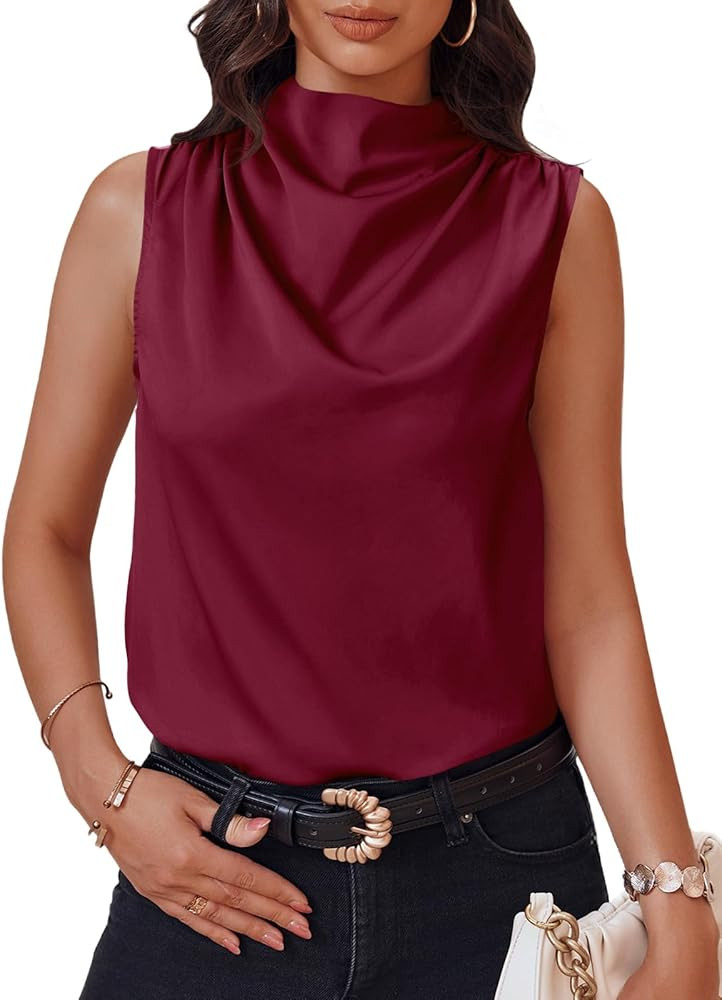 Cicy Bell Womens Mock Neck Satin Tank Tops Business Casual Work Ruched Blouses Summer Corporate O... | Amazon (US)