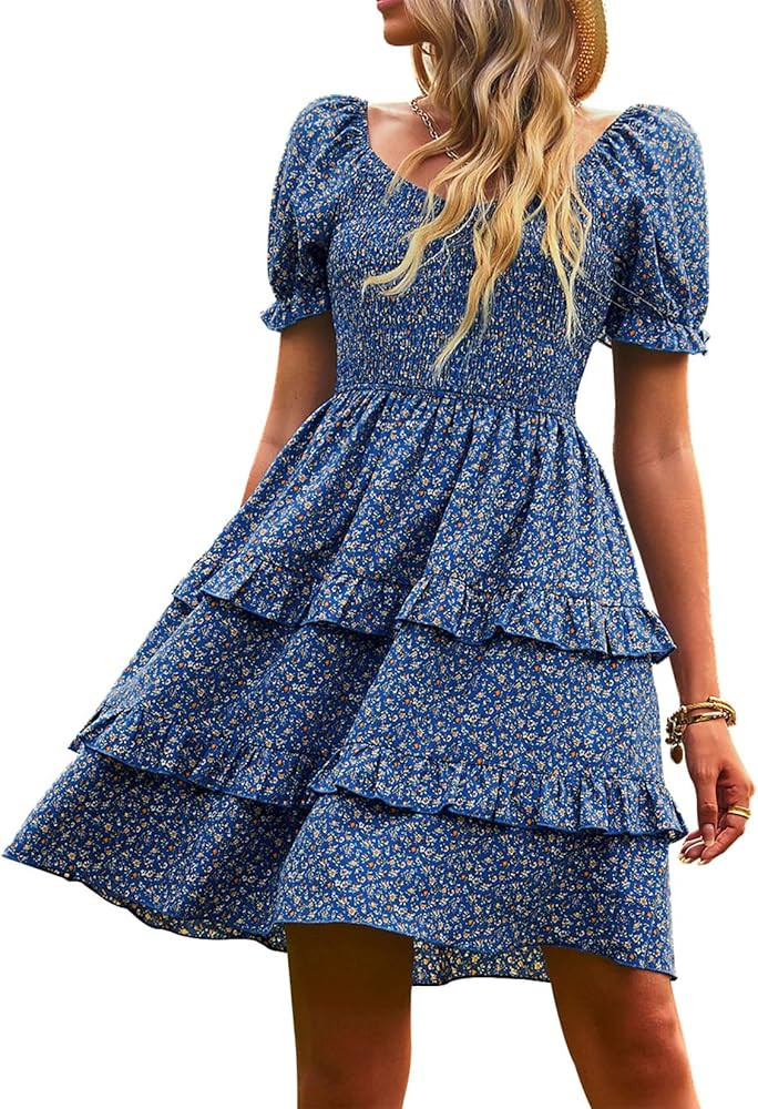 NIVYEE Women's Casual Floral Summer Dress Puff Sleeve Ruffle Hem Inside Liner A-line Dresses | Amazon (US)