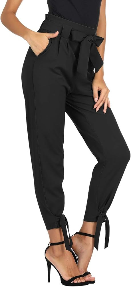 LIUMILAC Women Casual Cropped Pants Solid High Waist Dressy Pants with Pockets Bow-Knot | Amazon (US)
