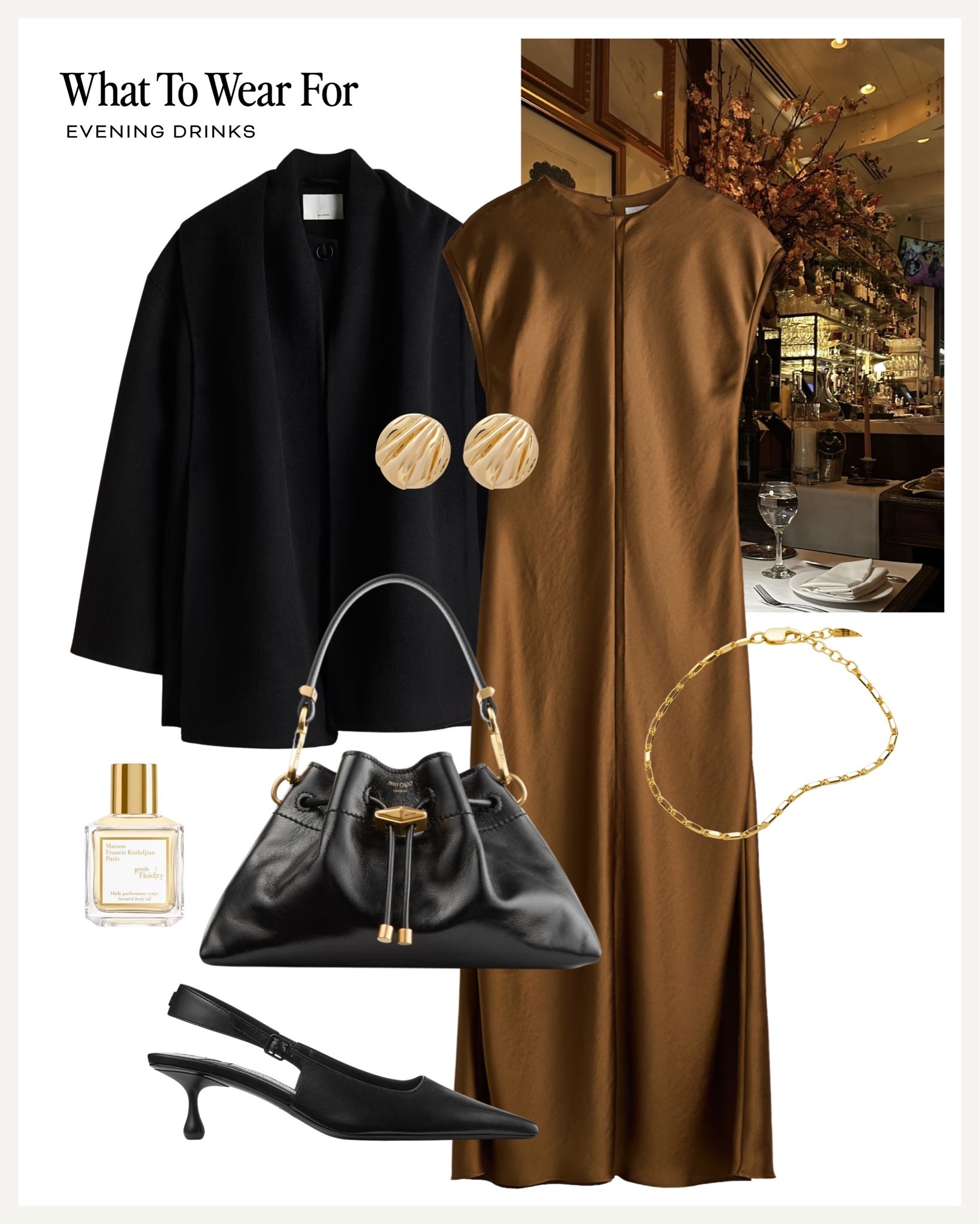 Date night 🍷 

Evening style, satin dress, black coat, jimmy choo clutch bag, slingback heels, classic chic looks, elegant style. AD

#LTKdatenight