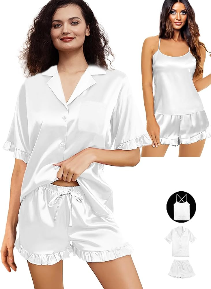 WJing Yi Jia 3Pcs Womens Ruffle Satin Pajama Sets XS-4XL Silk Pajamas Set Sexy Cami Tops Silky Pj... | Amazon (US)