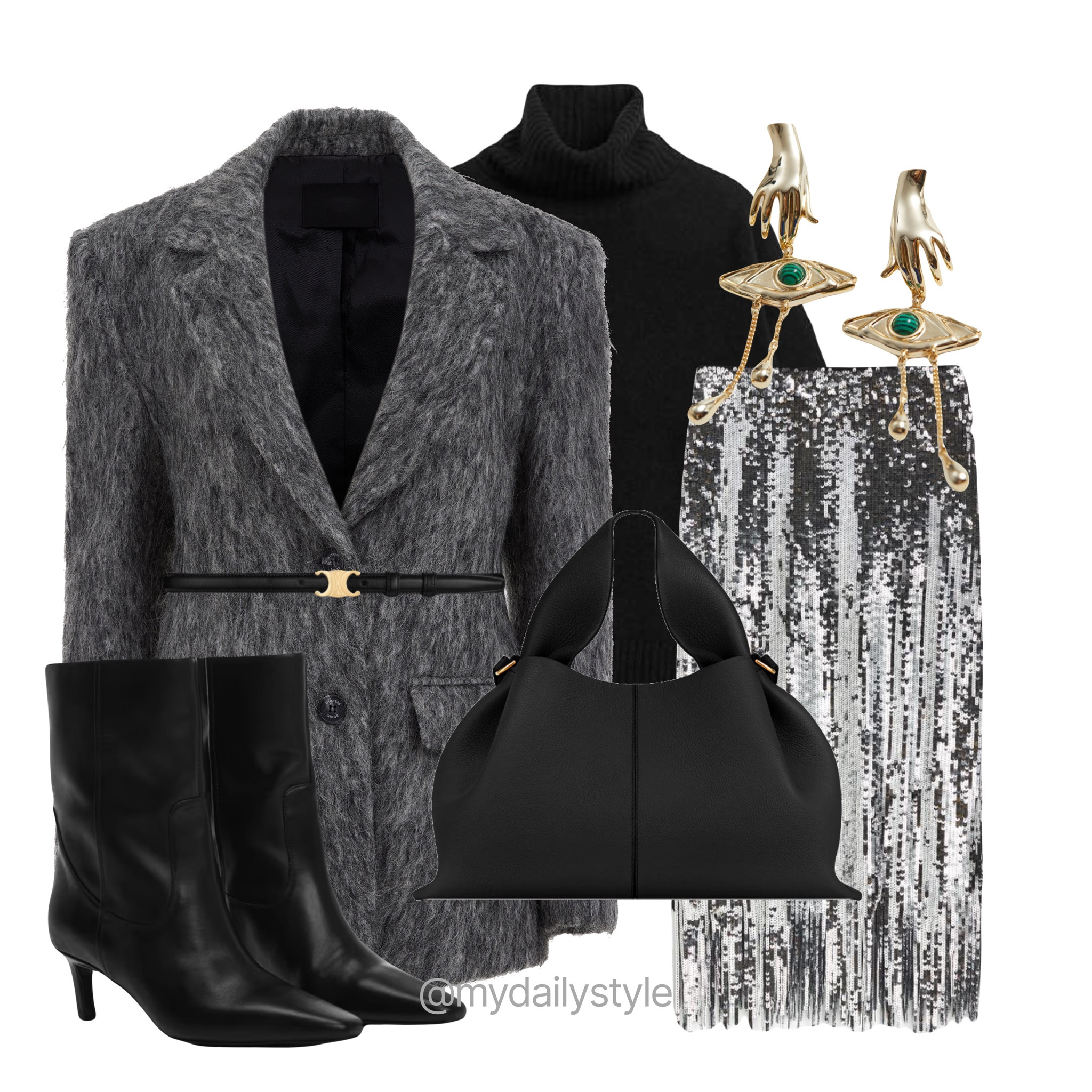 Sparkling & classy outfit 🖤 Wool-blend jacket, roll-neck cashmere jumper, fringed sequin skirt, Mango leather boots with kitten heels, Celine leather belt, Polene bag, golden eye earrings.


#LTKMostLoved #LTKstyletip #LTKitbag