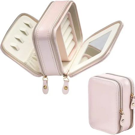 Pink Jewelry Box Organizer Dual Zipper Layer Travel Mini Small Portable Carrying Case Mirror Display | Walmart (US)
