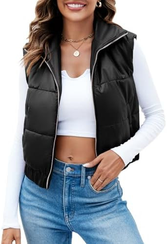 Fisoew Womens Faux Leather Puffer Vest High Stand Collar Zip Up Sleeveless Winter Cropped Jacket ... | Amazon (US)