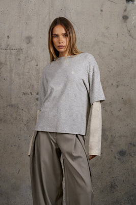 DOUBLE LAYER STRIPE LONG SLEEVE T-SHIRT - GREY | The Couture Club