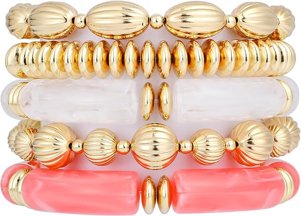 RISHEGAE Chunky Bangle Bracelets for Women Stackable Resin Bamboo Tube Bracelet Stretch Gold Bead... | Amazon (US)