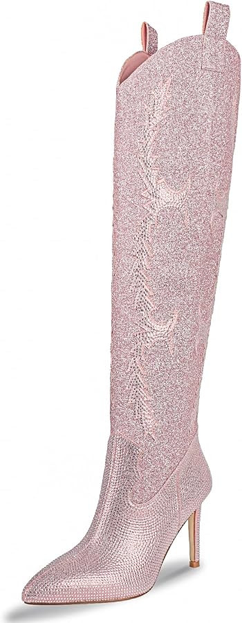 Ouepiano Women's Rhinestone Boots Thigh High Over The Knee Boots Sparkly Glitter Stiletto Pointed... | Amazon (US)