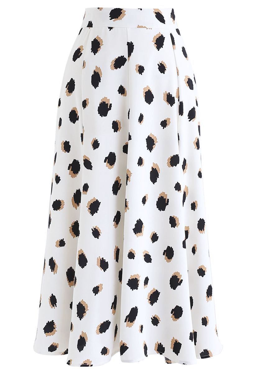Bicolor Irregular Spots Print Midi Skirt in White | Chicwish