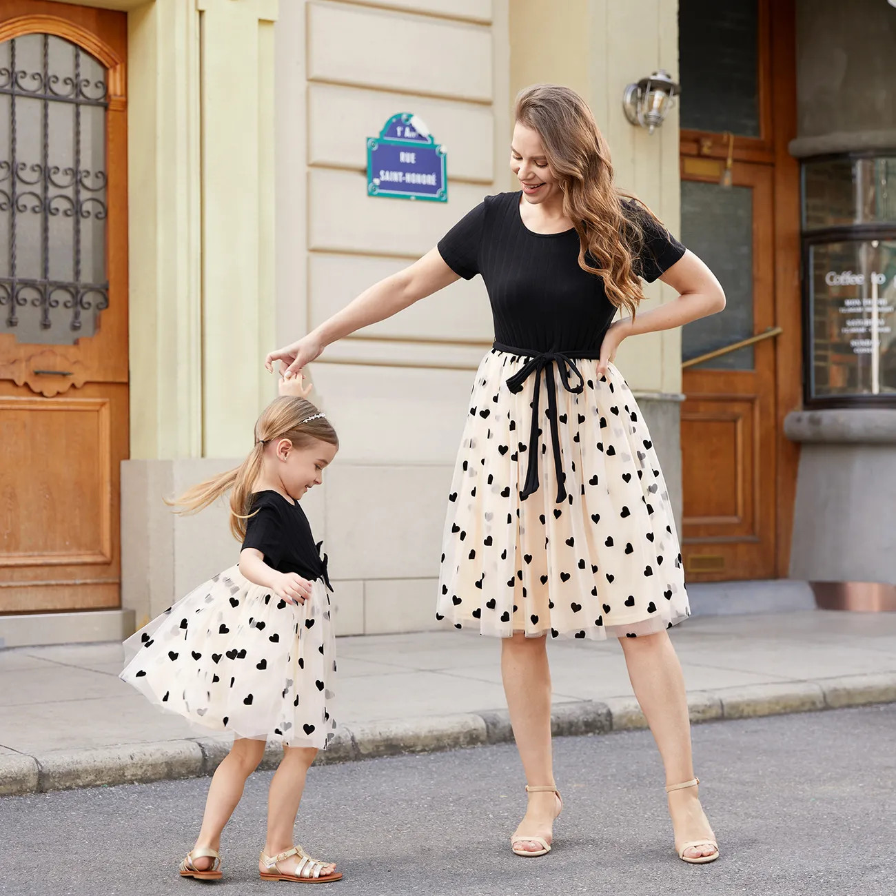 Mommy and Me Black Top Spliced Heart Pattern Mesh Dresses Only $11.04 PatPat US | PatPat