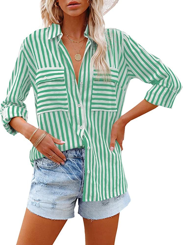 OMSJ Women's Striped Button Down Shirts Casual Long Sleeve Stylish V Neck Blouses Tops with Pocke... | Amazon (US)