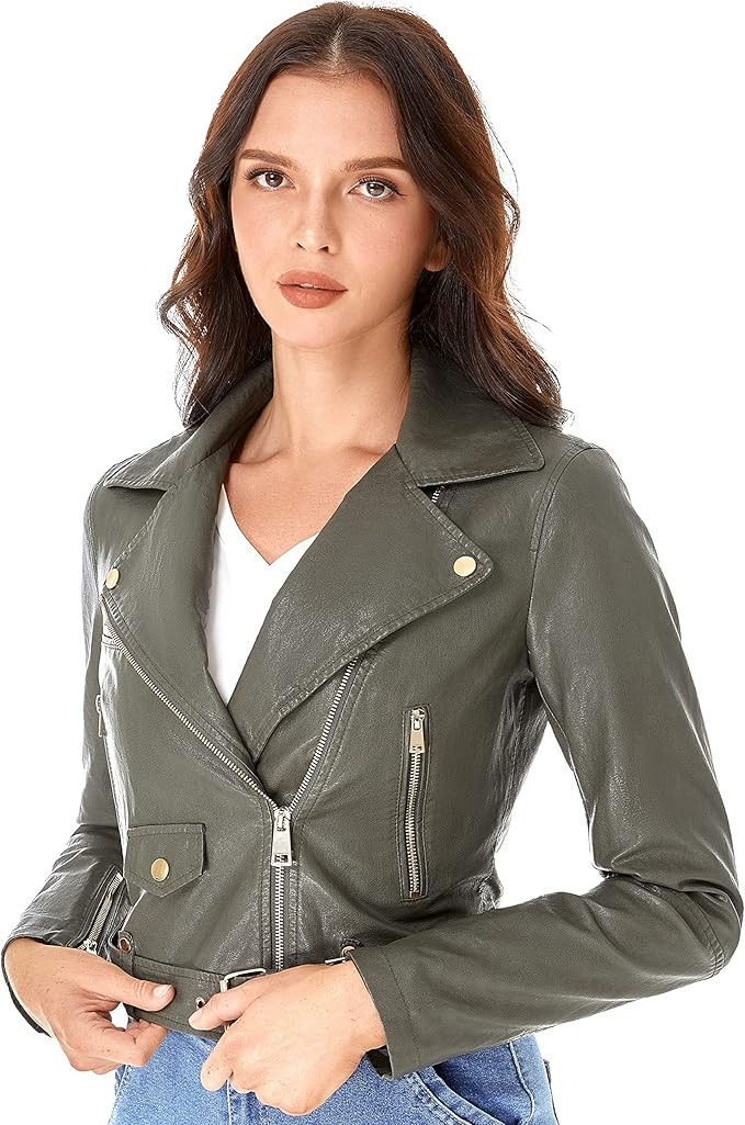 DIASHINY Faux Leather Jacket For Women Crop Short Cropped PU Slim Zip Up Moto Biker Coat Motorcyc... | Amazon (US)