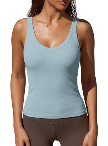 Darong Ribbed Knit V Neck Tank Tops for Women with Built in Bra 2026 Trendy Camisole Top Sleevele... | Amazon (US)