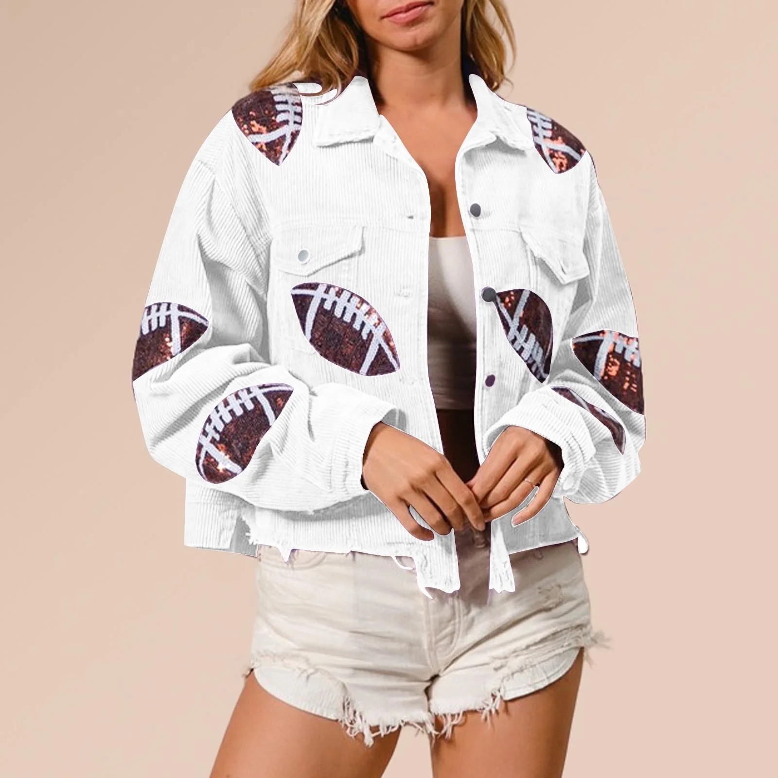 Ofreoo Fashion Women's Football Sequined Long Sleeved Hoodless Turndown Collar Button Pocket Casu... | Walmart (US)