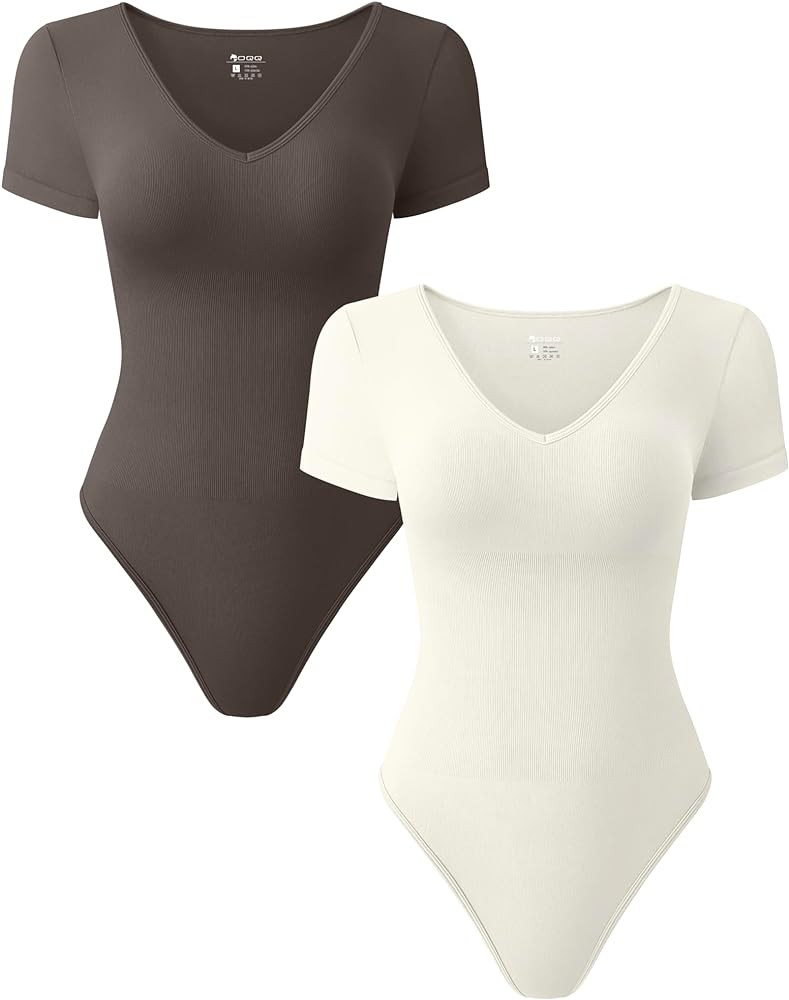 OQQ Women 2 Piece Bodysuits Sexy Ribbed Short Sleeve V Neck Stretch Tank Tops Bodysuits | Amazon (CA)