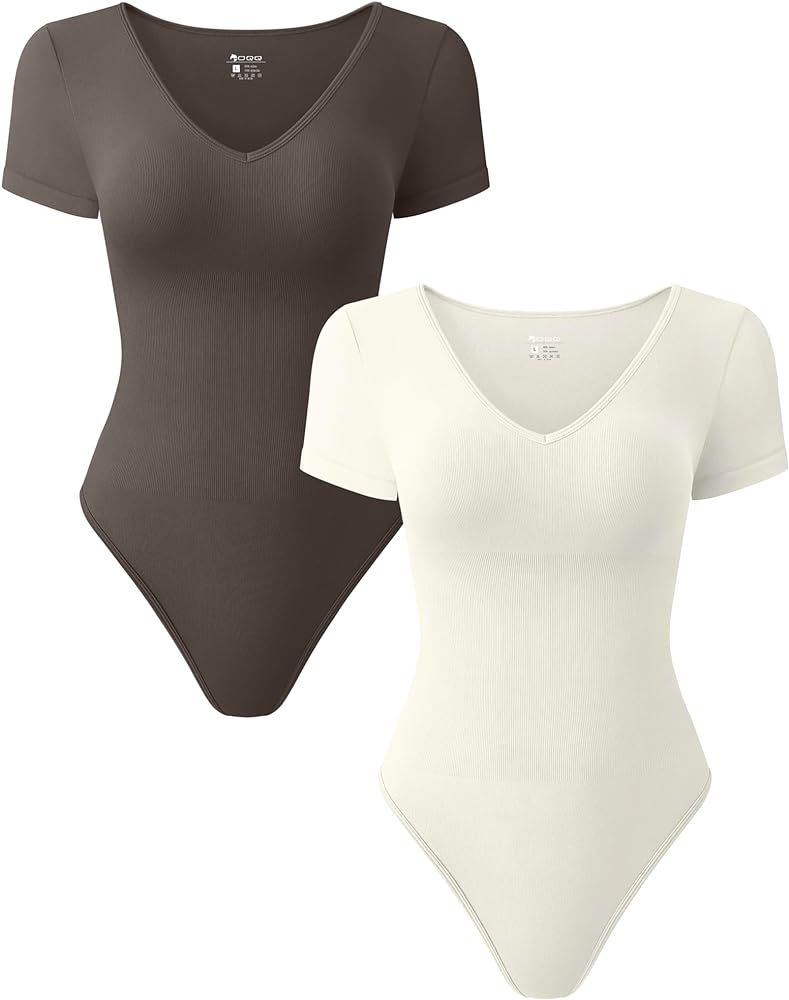 OQQ Women 2 Piece Bodysuits Sexy Ribbed Short Sleeve V Neck Stretch Tank Tops Bodysuits | Amazon (US)