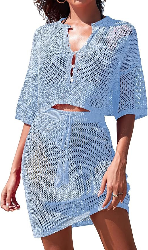 Pink Queen 2 Piece Crochet Swimsuit Cover Ups for Women Hollow Out Knitted Bathing Suit Coverup B... | Amazon (US)