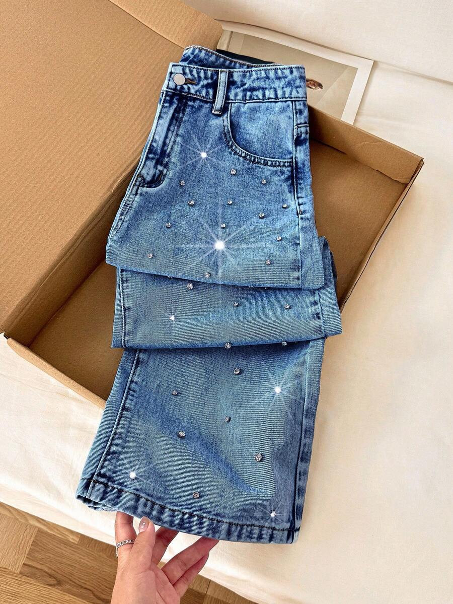 SHEIN Comfortcana Women's Rhinestone Decor Pocket Wide Leg Loose Casual Jeans | SHEIN