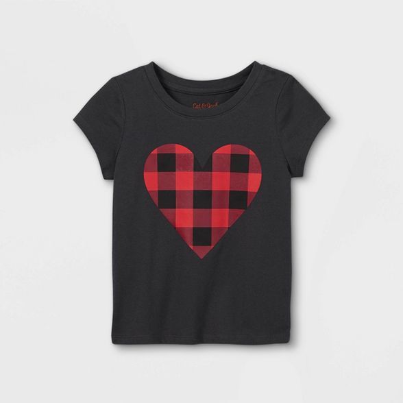 Toddler Girls' Buffalo Check Heart Short Sleeve Graphic T-Shirt - Cat & Jack™ Dark Gray | Target