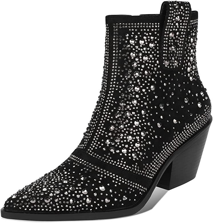 ISNOM Women's Rhinestone Boots Pointed Toe Block Heel Sparkly Ankle Boots Western Black Cowboy Co... | Amazon (US)