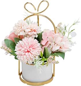 Artificial Flowers Hydrangea with Ceramic Vase Silk Chrysanthemum Mini Potted Fake Flowers Hangin... | Amazon (US)
