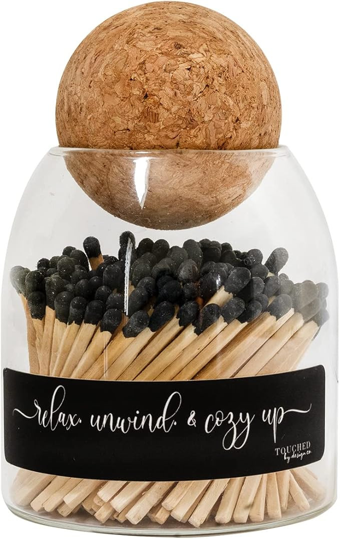 Relax Unwind & Cozy Up Cute Glass Match jar Cloche | Approx 135 Decorative Wood Black tip Matches... | Amazon (US)