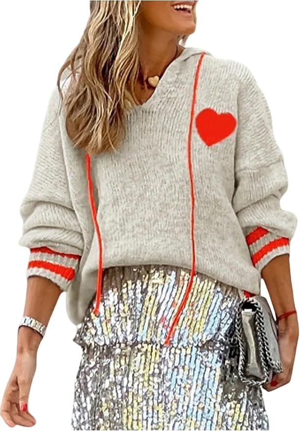 GORGLITTER Women's Winter Sweater Oversized Hooded Heart Striped Loose Chunky V Neck Sweaters 202... | Amazon (US)