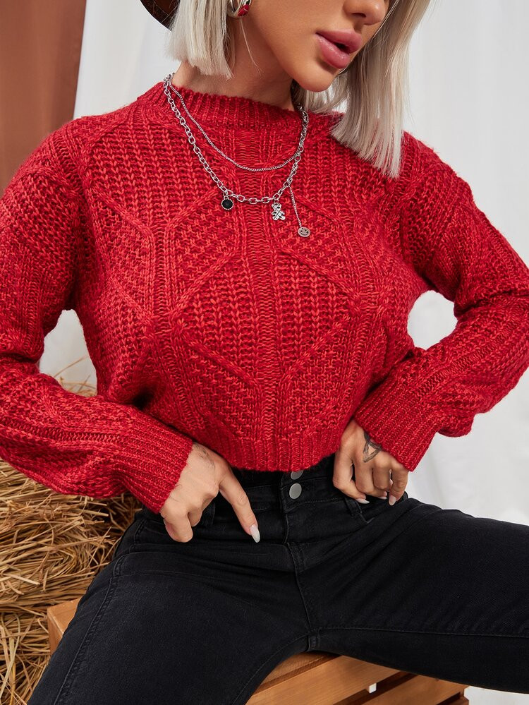 Cable Knit Drop Shoulder Crop Sweater | SHEIN