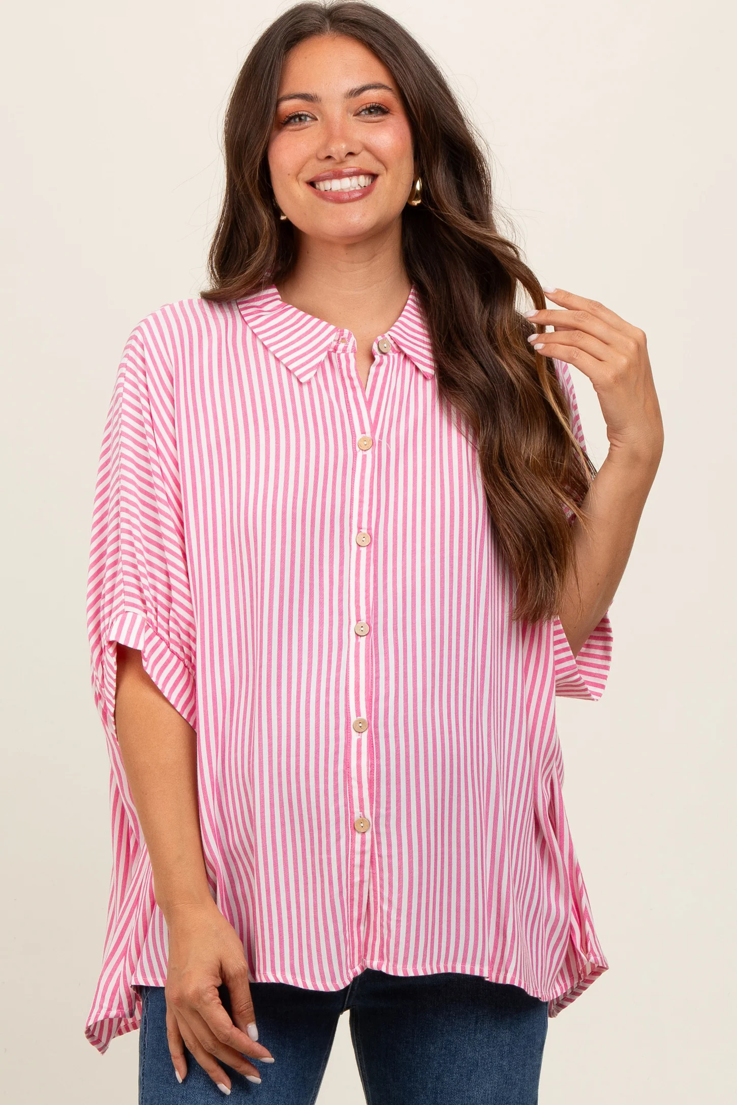 Taupe Striped Button Up Dolman Maternity Top | PinkBlush Maternity