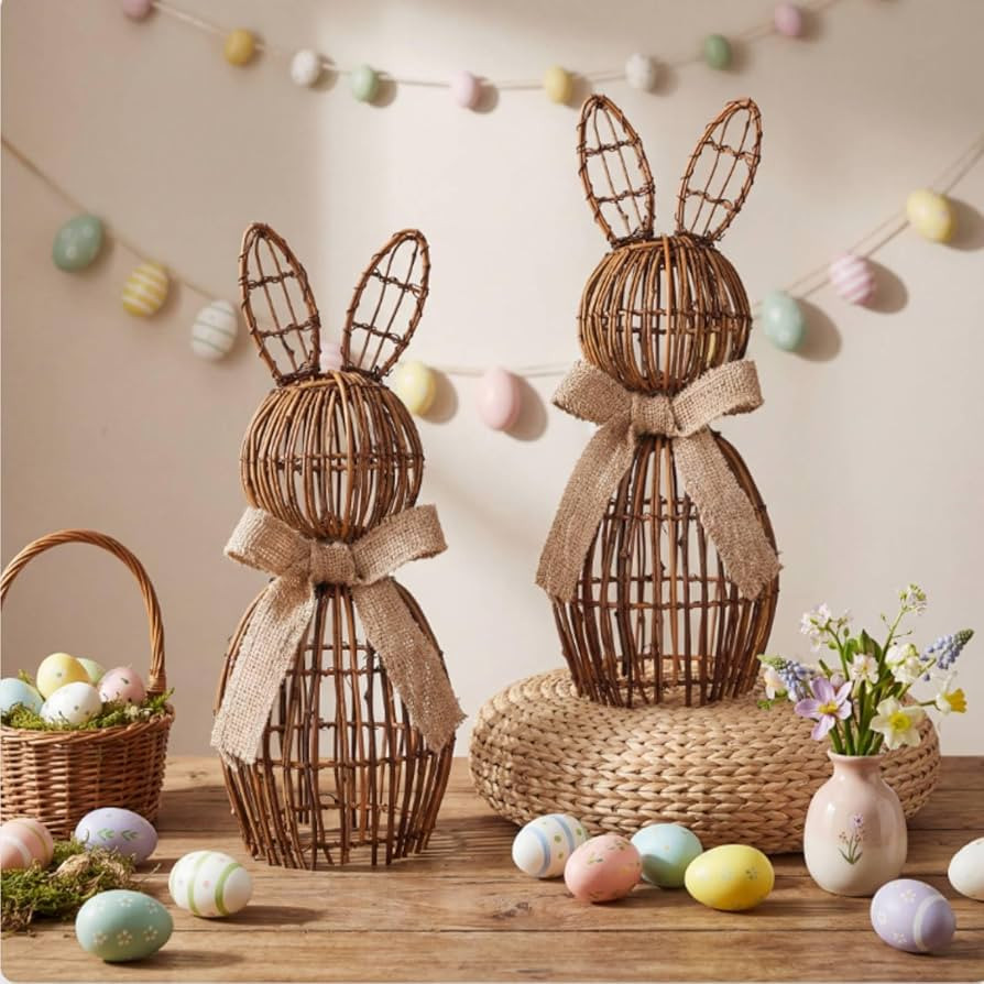Weysat 2 Pcs Artificial Wicker Rattan Easter Bunny Decorations for Table Centerpieces Rabbit Deco... | Amazon (US)
