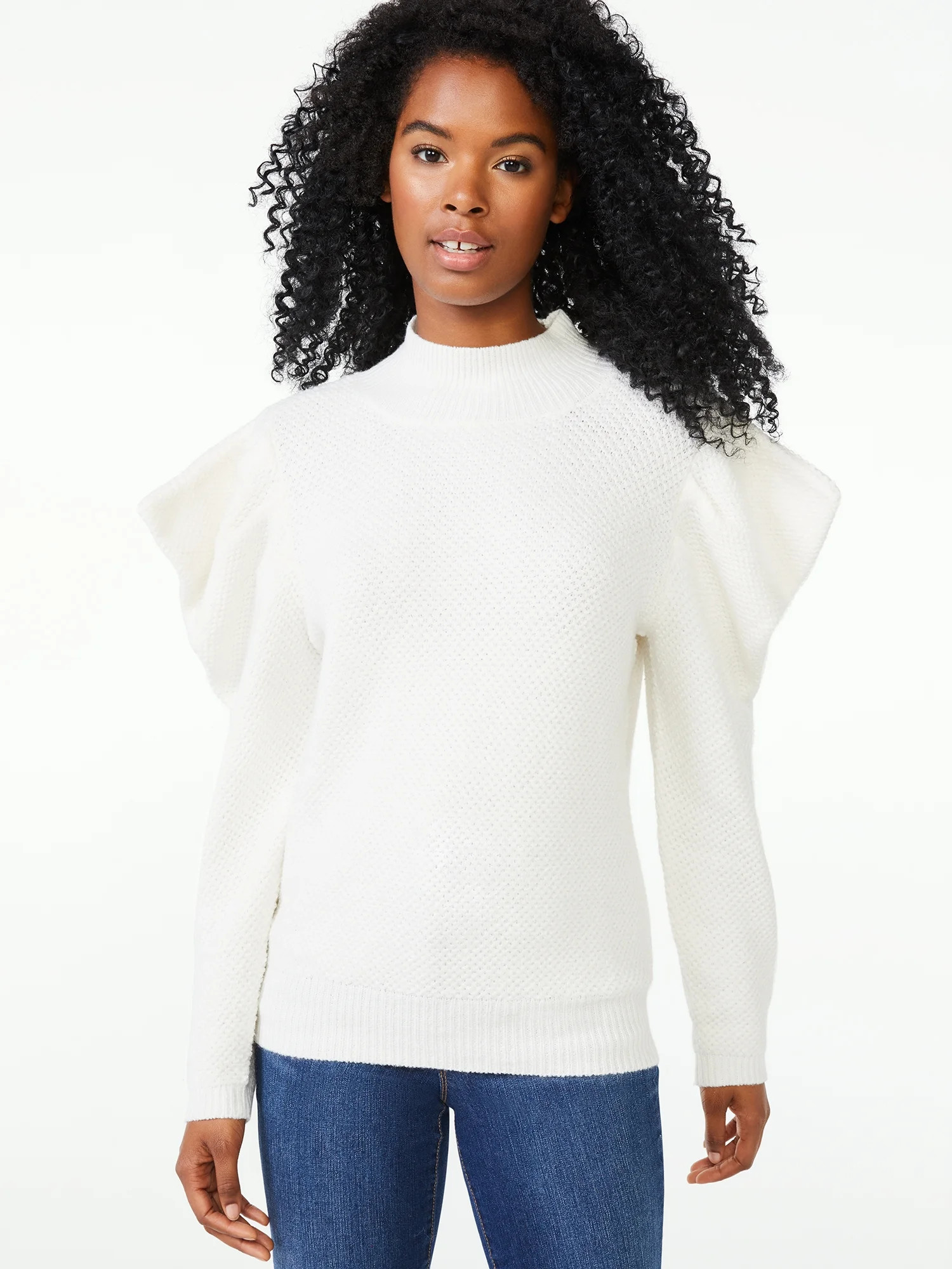 Scoop Women's Mock Neck Sweater with Pleated Puff Sleeves | Walmart (US)