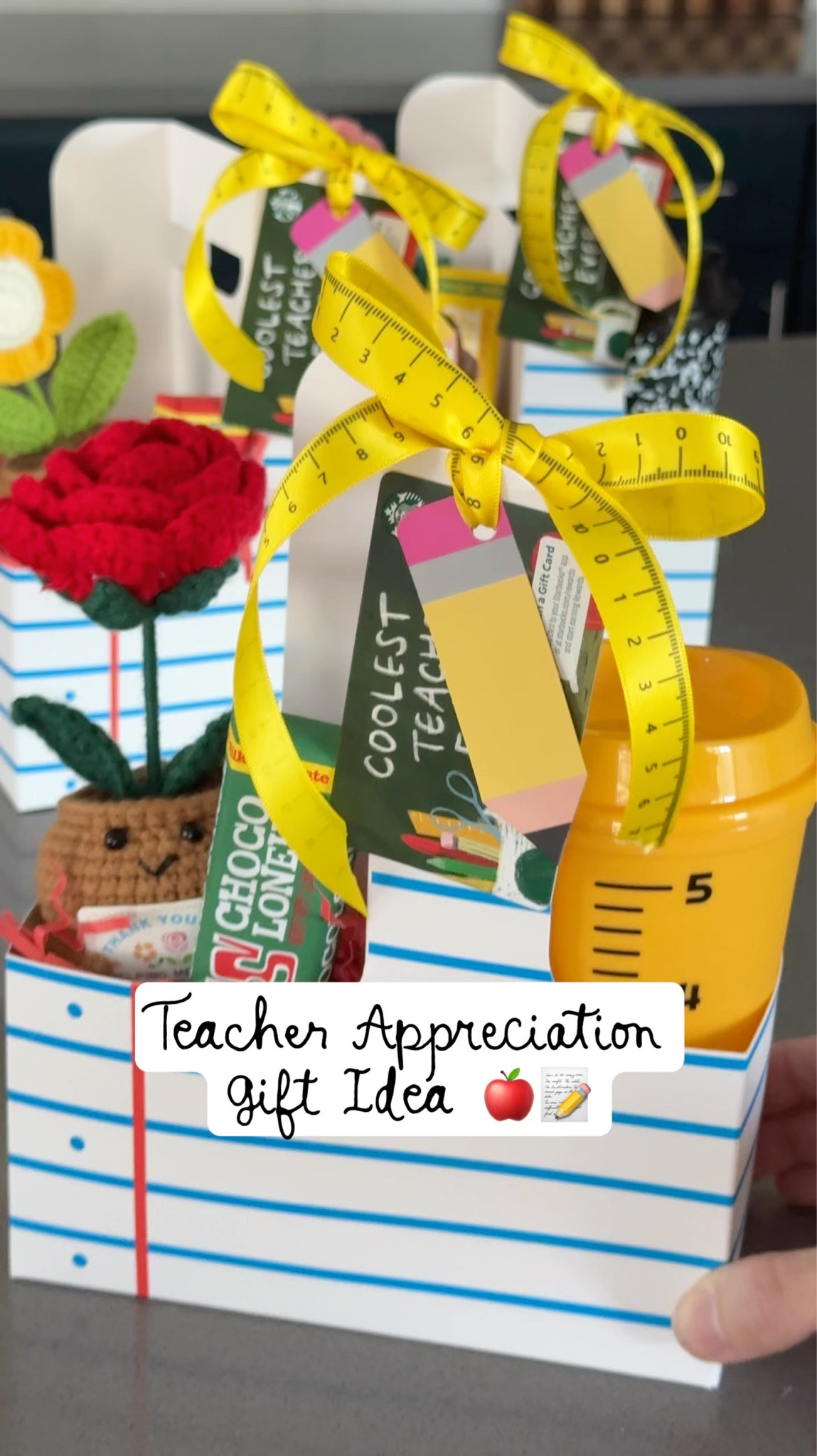 This teacher gift checks all the boxes ✔️
cute + thoughtful + useful ☕️🍫🌻

I just LOVE the little crochet flowers that say “thanks for helping me grow” 🥹
A gift that they will remember and a few goodies they will actually use. And let’s be honest…. How cute is the cup holder and the coffee cups. 10/10 to celebrate our teachers this week! 🚌📓✏️📚
