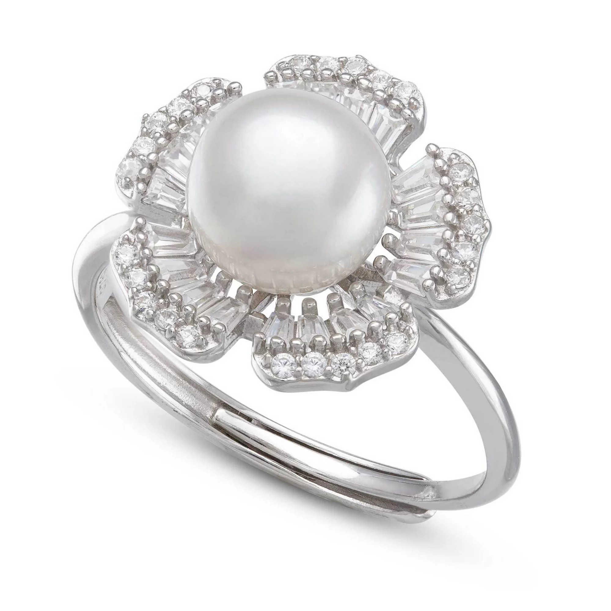 Sterling Silver Button Freshwater Cultured Pearl & Cubic Zirconia Crystal Flower Ring | Kohl's
