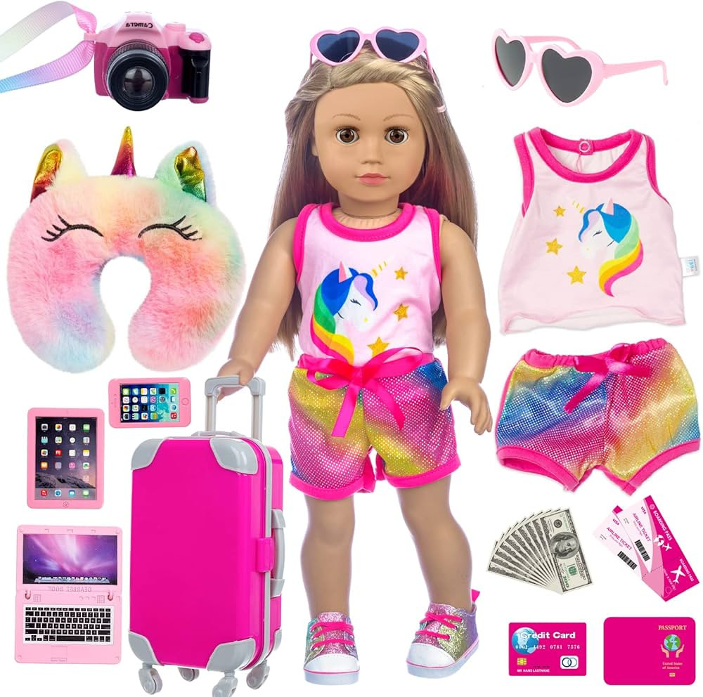XFEYUE 23 Pcs 18 inch Doll Clothes and Accessories - Suitcase Luggage , Pillow, Sunglasses, Camer... | Amazon (US)