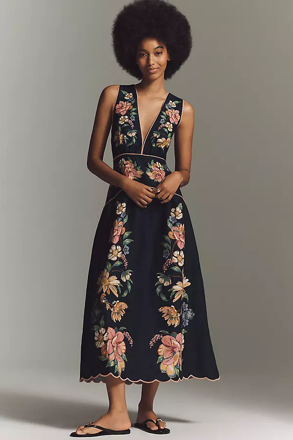 Maira Floral Linen Sleeveless Plunge Maxi Dress | Anthropologie (US)