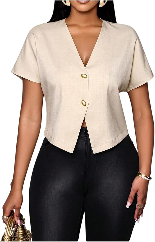Floerns Women's V Neck Button Asymmetrical Hem Blouse Short Sleeve Elegant Shirt Tops | Amazon (US)