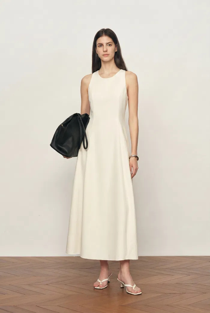 Lina Easy Care Bubble Hem Sleeveless Dress in Structured Lightweight F | Fabrique