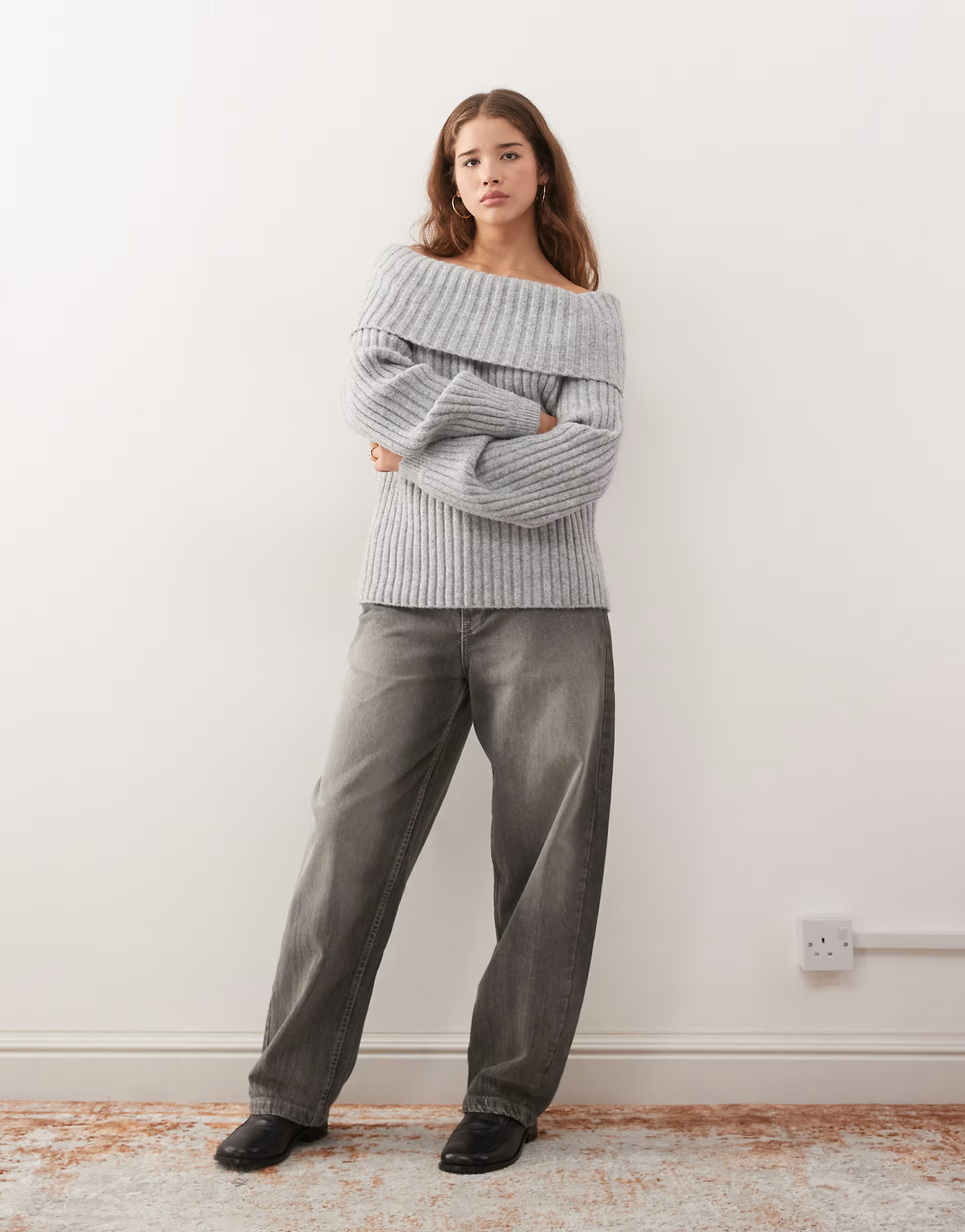 Monki oversized bardot knit sweater in gray melange | ASOS (Global)