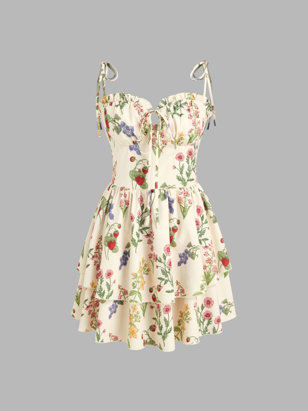 Woven Floral & Fruit Ruffle Hem Knotted Layered Mini Dress | Cider
