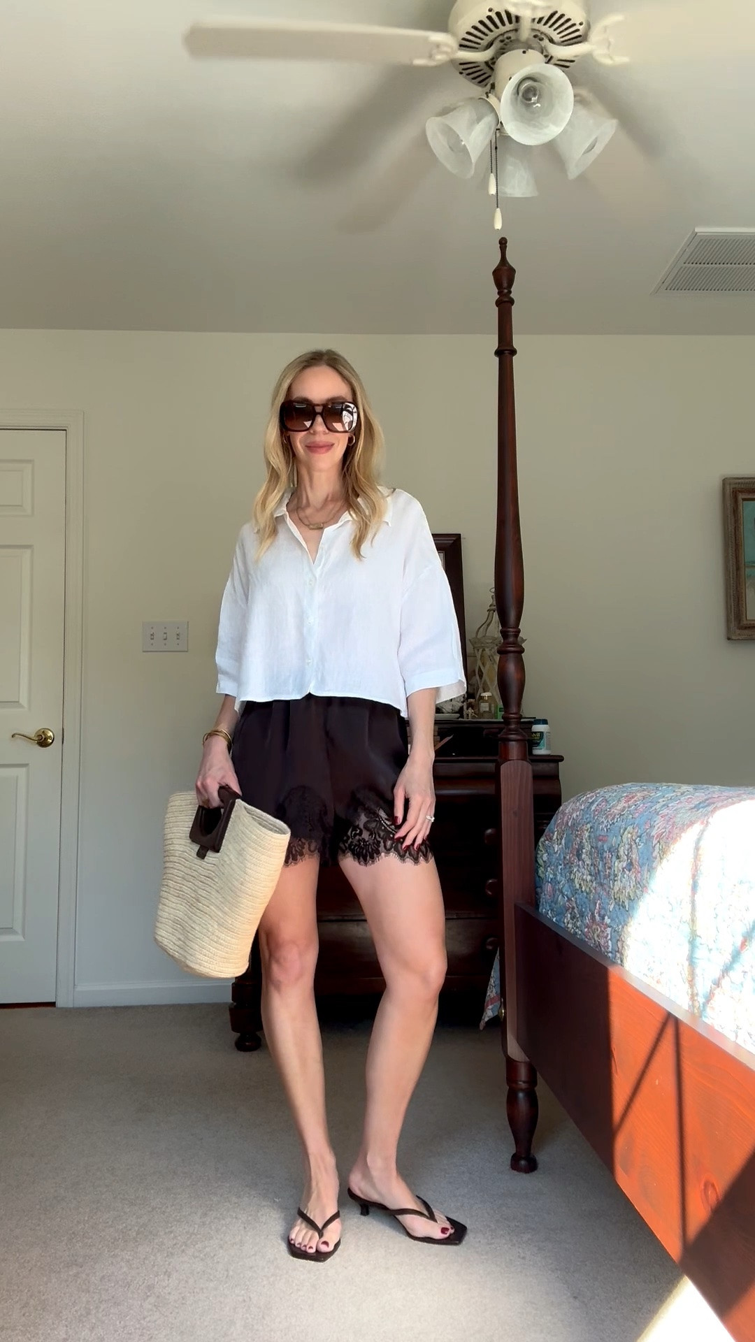 Styling lace trim shorts with an oversized linen shirt, thong sandals and straw tote bag

#LTKSeasonal #LTKOver40 #LTKgrwm