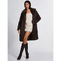 Quiz Brown Faux Fur Long Coat, Brown, Size 14, Women | Very (UK)